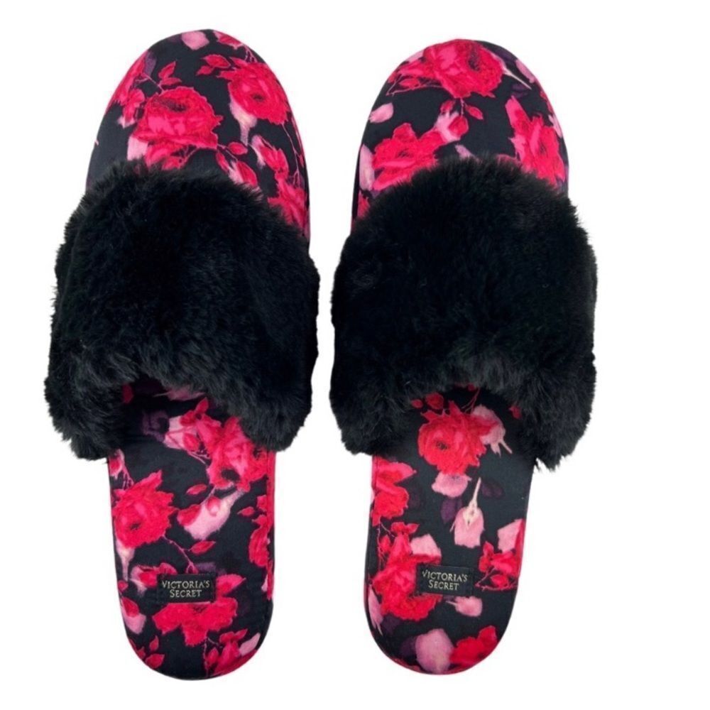 VICTORIA’S Secret Signature Satin Rose Slippers With Faux Fur Size Small - Picture 3 of 9